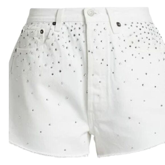 Re/done & Pam Crystal Mid-rise White Denim Shorts Size 32 (10-12) - Picture 2 of 14